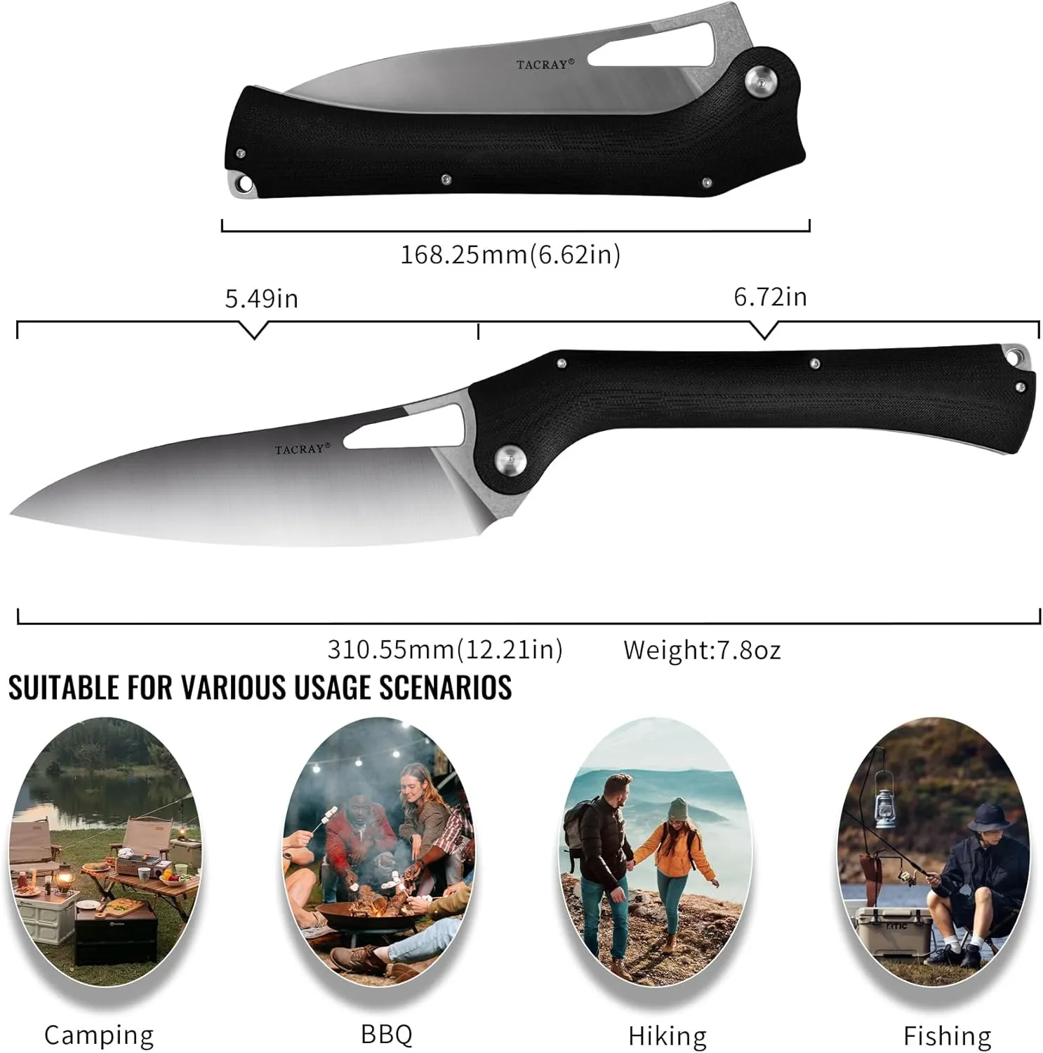 TACRAY Folding Kitchen Chef Knife, 5.49" Foldable Camping Knife with 10cr15mov Stainless Steel Blade, Anti-skidding and Ergonomic Designed G10 Handle for both Indoor and Outdoor Cooking