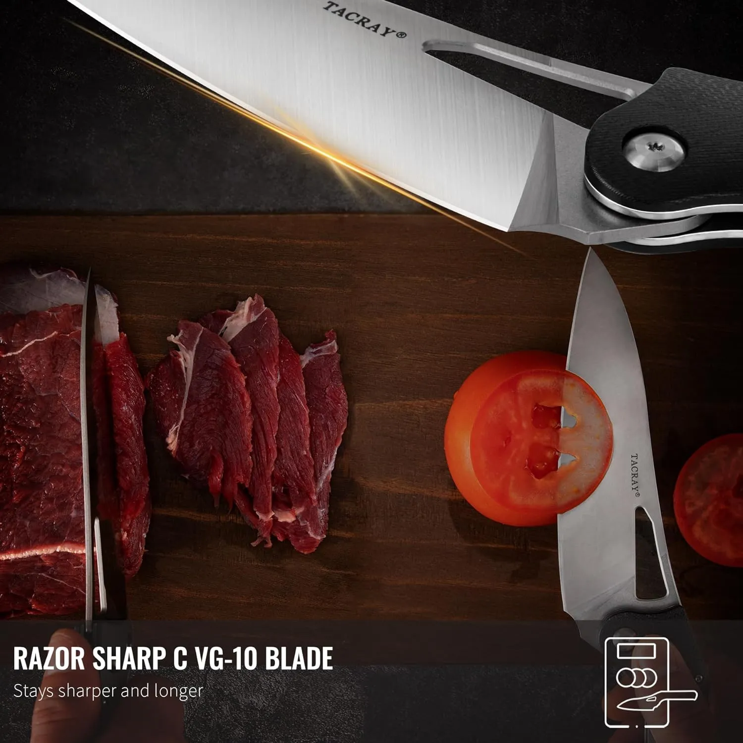 TACRAY Folding Kitchen Chef Knife, 5.49" Foldable Camping Knife with 10cr15mov Stainless Steel Blade, Anti-skidding and Ergonomic Designed G10 Handle for both Indoor and Outdoor Cooking