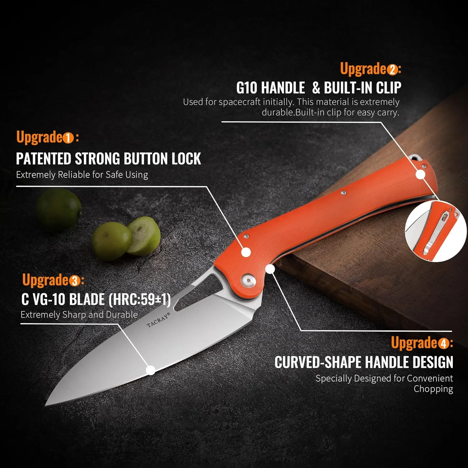 TACRAY Folding Kitchen Chef Knife, 5.49" Foldable Camping Knife with 10cr15mov Stainless Steel Blade, Anti-skidding and Ergonomic Designed G10 Handle for both Indoor and Outdoor Cooking