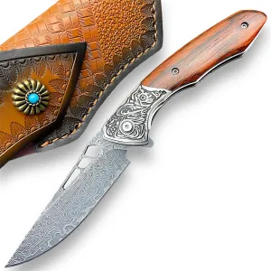 TACTICAL GEARZ Damascus EDC Pocket Folding Knife, Natural Rosewood Handle, Damascus Steel Blade (Keahi XT)
