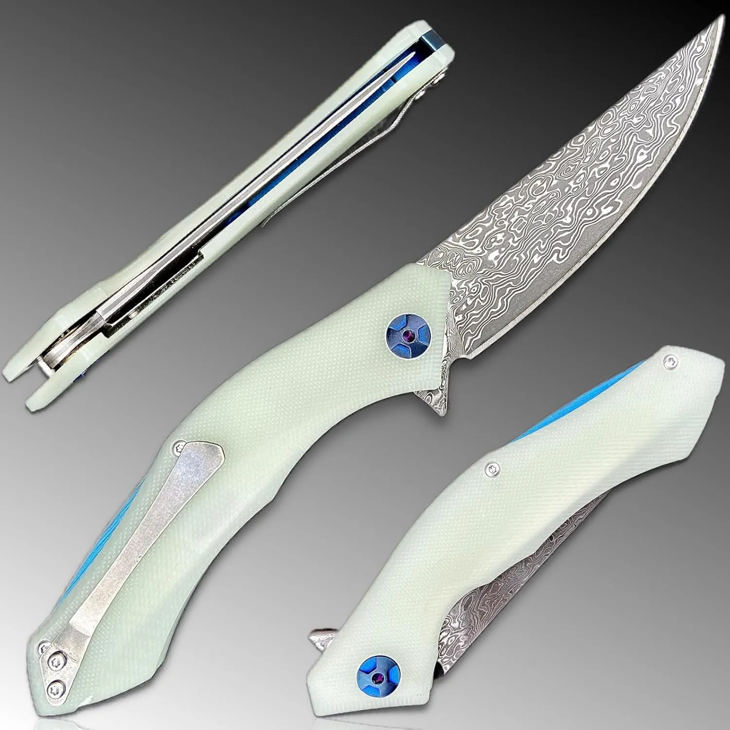 TACTICAL GEARZ EDC Damascus Pocket Folding Knife, G10 Handle, 67 Multi-Layered VG10 Damascus Steel Blade, Includes Sheath (XT Ice)