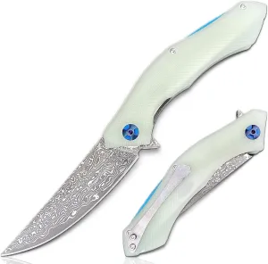 TACTICAL GEARZ EDC Damascus Pocket Folding Knife, G10 Handle, 67 Multi-Layered VG10 Damascus Steel Blade, Includes Sheath (XT Ice)