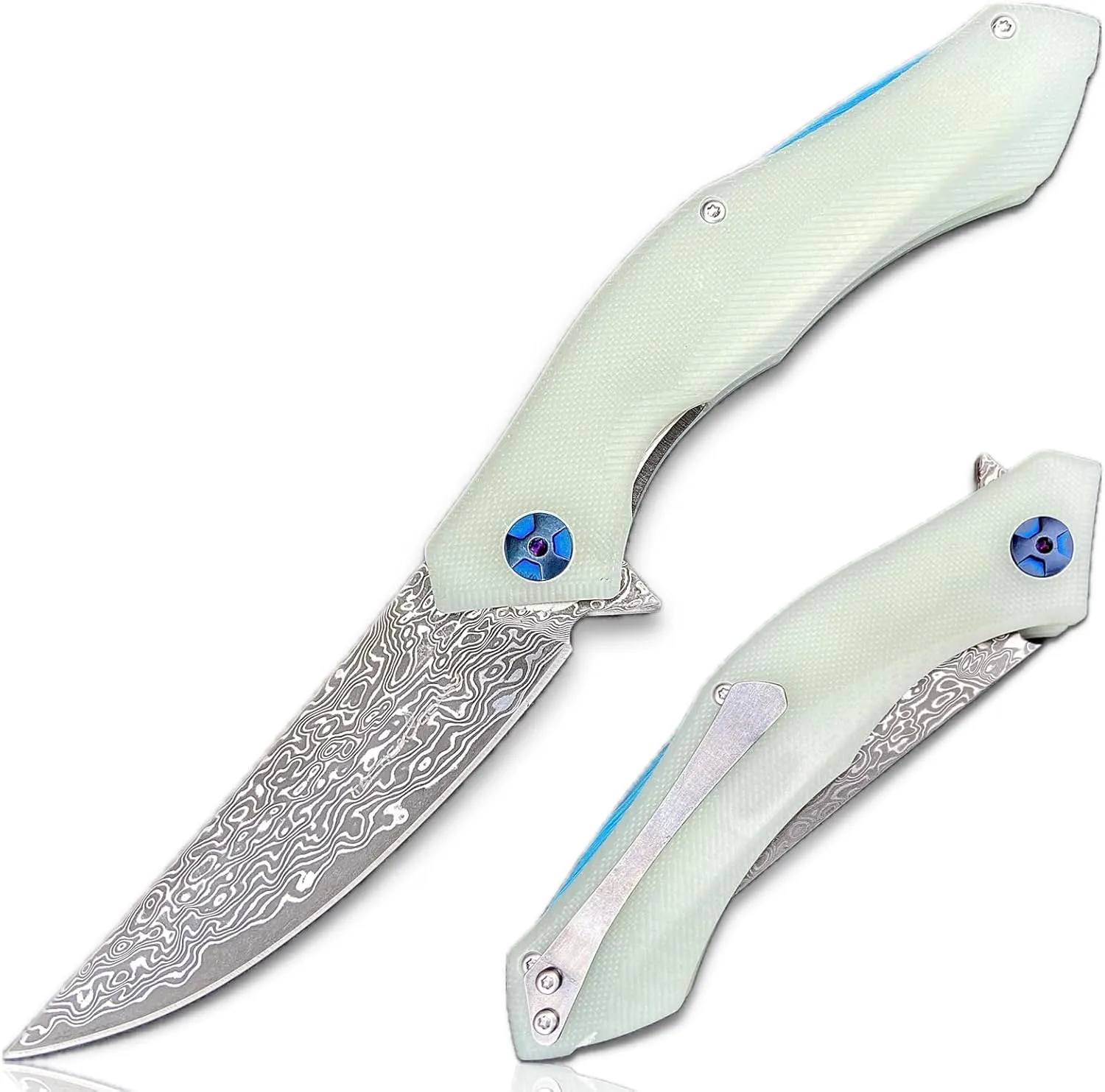 TACTICAL GEARZ EDC Damascus Pocket Folding Knife, G10 Handle, 67 Multi-Layered VG10 Damascus Steel Blade, Includes Sheath (XT Ice)