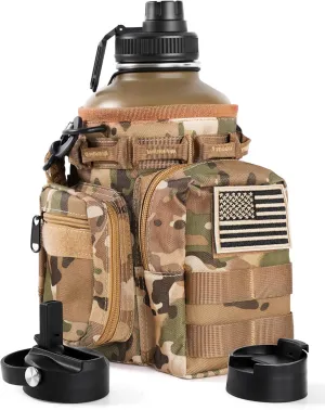 Tactical Half Gallon Water Bottle with Straw, 64 oz Insulated Water Jug with Molle Sleeve, Stainless Steel Sport Battle Bottle with 3 BPA Free Lids for Gym Workout Hiking (Brown)