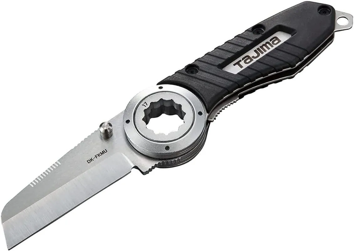 TAJIMA Multipurpose Folding Knife - DK Series Electrician's Tool with Integrated Socket & Elastomer Grip - DK-FKMU-T