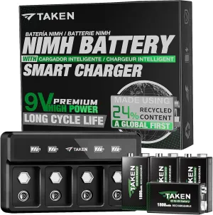 TAKEN Rechargeable 9v Batteries with Charger, High Capacity 4-Pack 1800mWh 9Volt NiMH Battery Made with 24% Recycled Content, 10 Year Shelf Life - for Smoke Alarms/CO Detectors, Electronics, and More