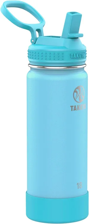 Takeya Actives Kids Glow-in-the-Dark Water Bottle with Straw Lid - Stainless Steel Bottle with BPA-Free Lid - Reusable & Dishwasher-Safe Water Bottle - 18 oz, Glow Worm Blue