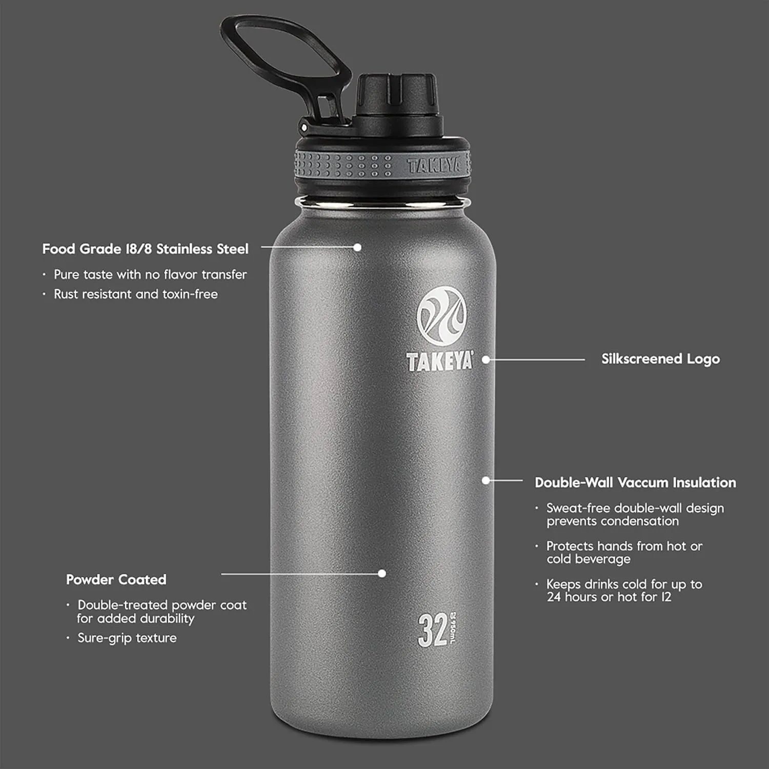 Takeya Originals 18 oz Vacuum Insulated Stainless Steel Water Bottle with Spout Lid, White
