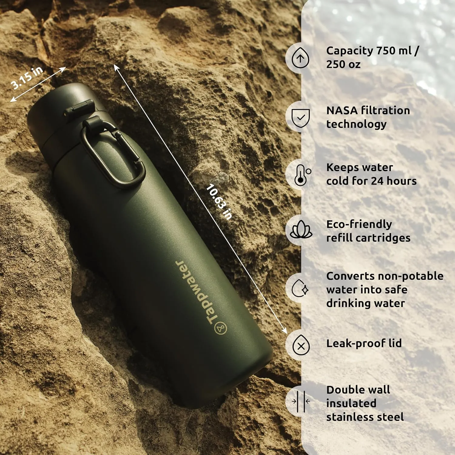 Tappwater BottlePro Adventure - Stainless Steel Water Bottle with Filter for Travel and Sports, filters 100  unwanted substances. Non-drinking water purifier. Reusable 25oz BPA-free Bottle (Black)