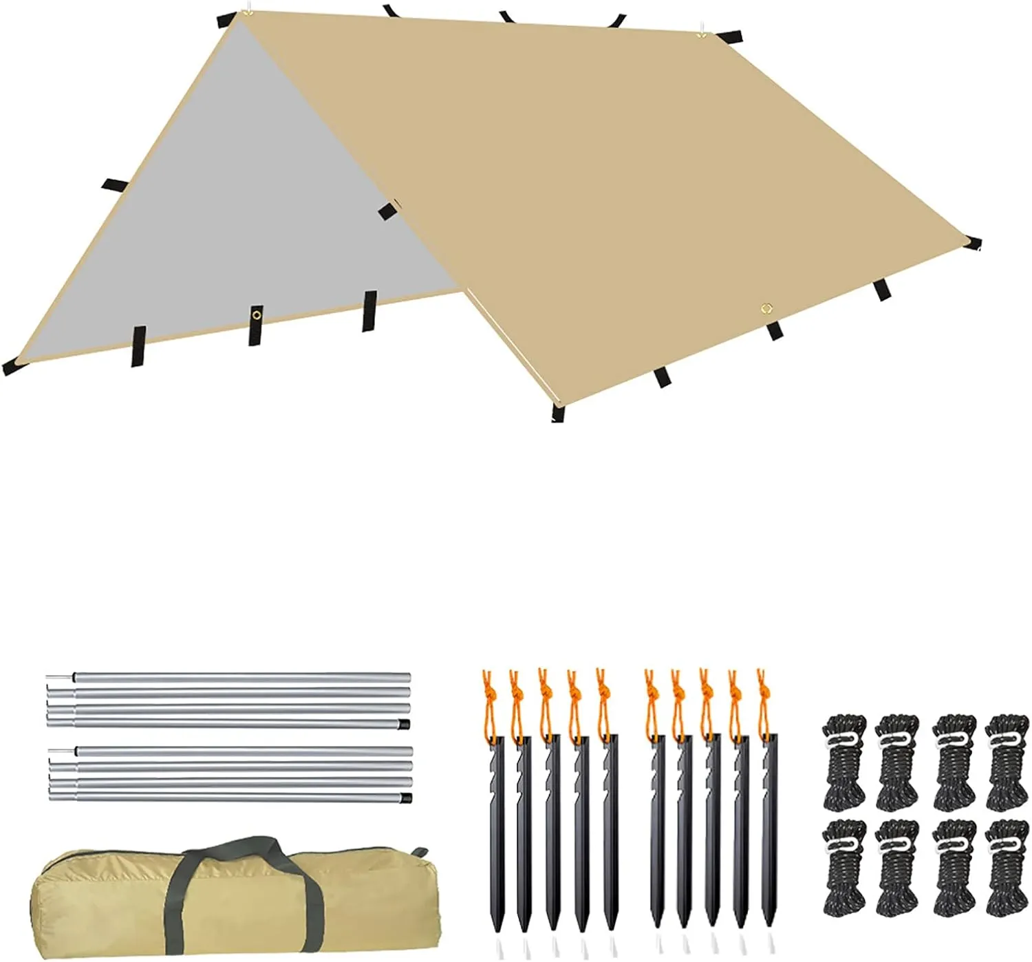 Tarp 3x4 m Waterproof, Beige Outdoor Awning Canopy, Ultralight Portable Camping Tent Tarpaulin, Anti-UV Snow Rain Sun Protection, for Hammock, Outdoor Activities