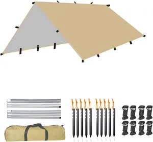 Tarp 3x4 m Waterproof, Beige Outdoor Awning Canopy, Ultralight Portable Camping Tent Tarpaulin, Anti-UV Snow Rain Sun Protection, for Hammock, Outdoor Activities
