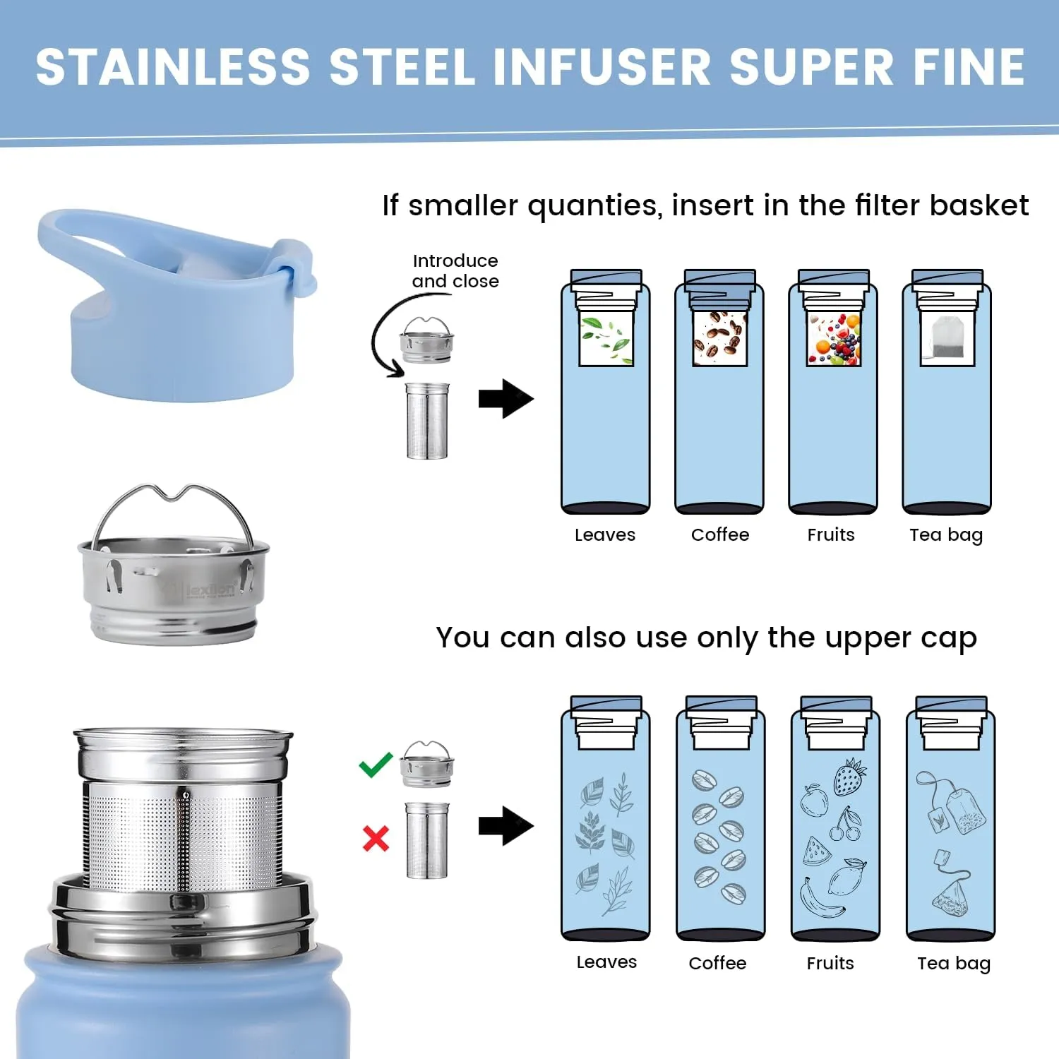 Tea Infuser Water Bottle 22 Oz, Triple Walled Insulated Stainless Steel Bottle, Thermal Fruit Leaf Infuser, Silicone Sleeve, 3 Lids Leakproof, Metal Mug Gallon
