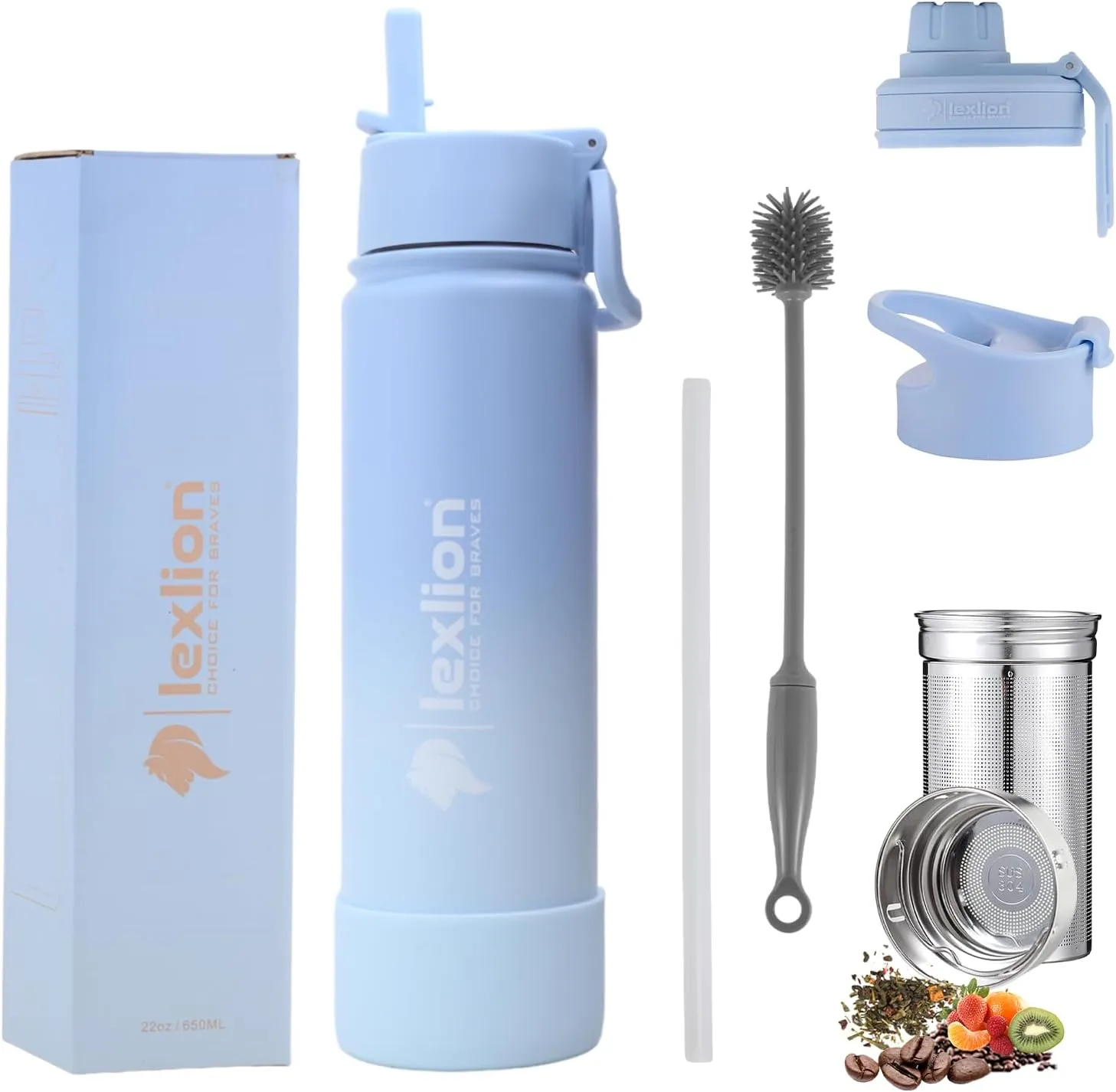 Tea Infuser Water Bottle 22 Oz, Triple Walled Insulated Stainless Steel Bottle, Thermal Fruit Leaf Infuser, Silicone Sleeve, 3 Lids Leakproof, Metal Mug Gallon