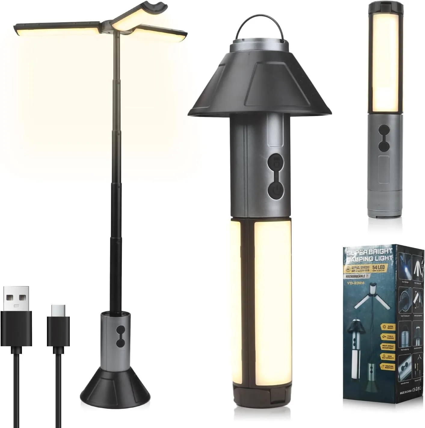 Telescopic Camping Light, 3000mAh Rechargeable Camping Lantern - 2 Dimmable Modes & 3 Flashlight Modes, IPX4 Waterproof, Portable Collapsible Light for Camping, Hiking, Home Emergency