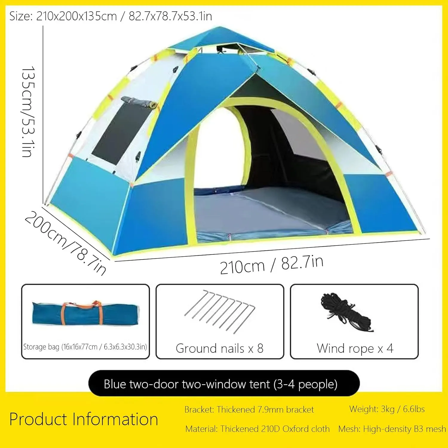 Tents for Camping 4 Person, Waterproof, Windproof & UV-Resistant, Quick Setup Automatic Tent con Carry Bag, 2 Doors 2 Windows, Camping Tent, Portable Dome Tents, Family Hiking Tent