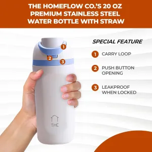 The HomeFlow Co.'s 20 oz Water Bottle with Straw - Leakproof Stainless Steel BPA-Free Water Bottle, Double Walled & Vacuum Insulated (White & Blue)