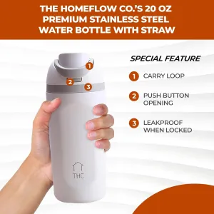 The HomeFlow Co.'s 20 oz Water Bottle with Straw - Leakproof Stainless Steel BPA-Free Water Bottle, Double Walled & Vacuum Insulated (White & Grey)