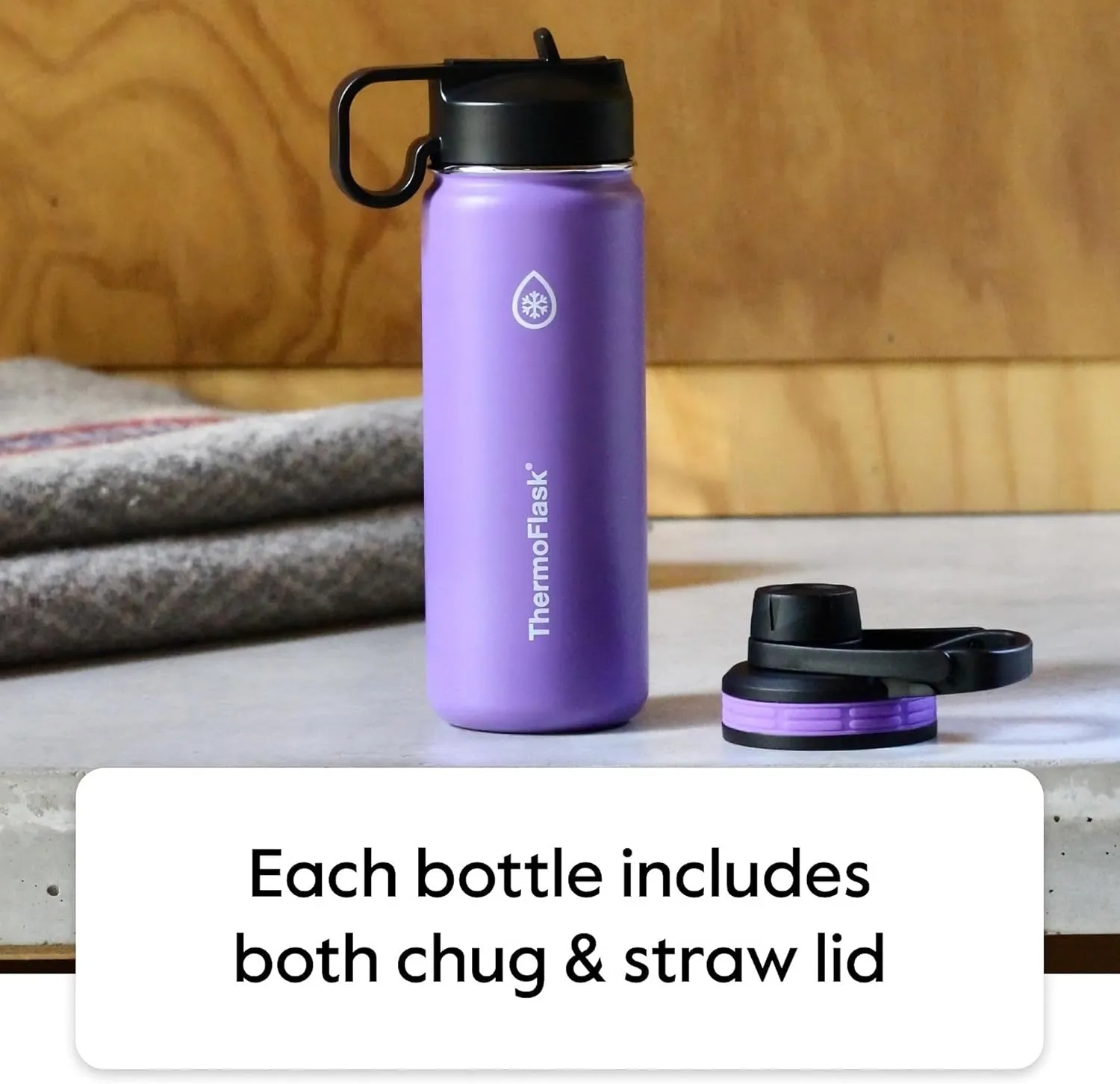 ThermoFlask Bottle with Chug Lid & Straw Lid - Insulated Stainless Steel Water Bottle with Leak-Proof Lids - Dishwasher-Safe Reusable Bottle & Lids - Durable Bottle, 2 Straws & 2 Lids - 24 oz, Plum