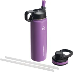 ThermoFlask Bottle with Chug Lid & Straw Lid - Insulated Stainless Steel Water Bottle with Leak-Proof Lids - Dishwasher-Safe Reusable Bottle & Lids - Durable Bottle, 2 Straws & 2 Lids - 24 oz, Plum