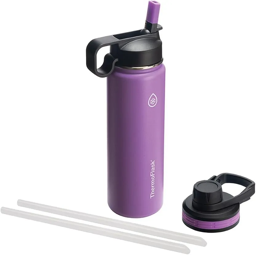 ThermoFlask Bottle with Chug Lid & Straw Lid - Insulated Stainless Steel Water Bottle with Leak-Proof Lids - Dishwasher-Safe Reusable Bottle & Lids - Durable Bottle, 2 Straws & 2 Lids - 24 oz, Plum