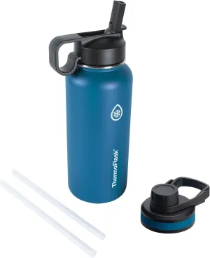 ThermoFlask Bottle with Chug Lid & Straw Lid - Insulated Stainless Steel Water Bottle with Leak-Proof Lids - Dishwasher-Safe Reusable Bottle & Lids - Durable Bottle, 2 Straws & 2 Lids - 32 oz, Cobalt