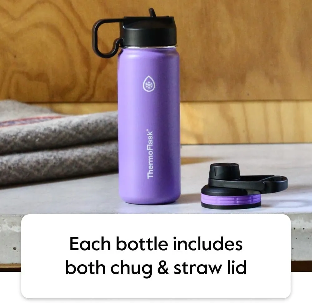ThermoFlask Bottle with Chug Lid & Straw Lid - Insulated Stainless Steel Water Bottle with Leak-Proof Lids - Dishwasher-Safe Reusable Bottle & Lids - Durable Bottle, 2 Straws & 2 Lids - 32 oz, Cobalt