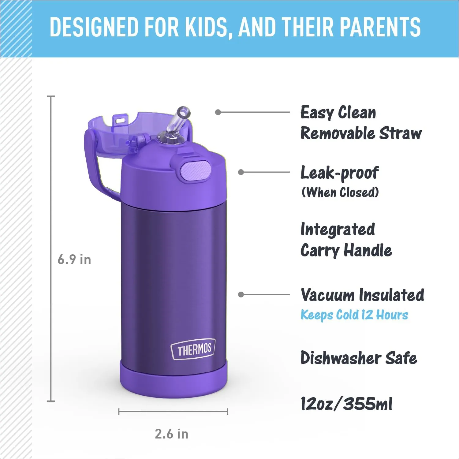 THERMOS FUNTAINER Water Bottle with Straw - 12 Ounce - Kids Stainless Steel Vacuum Insulated Water Bottle with Lid, Violet