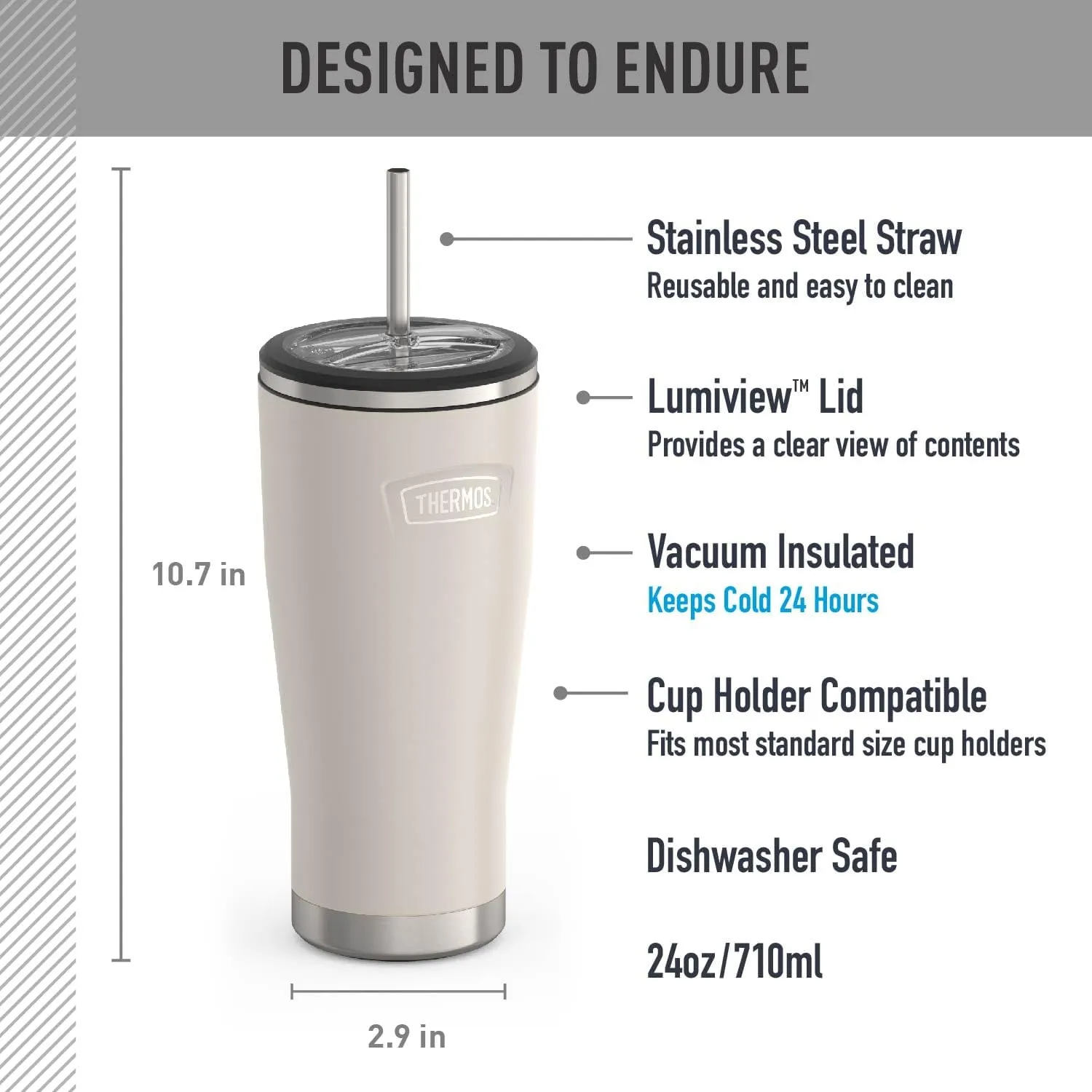 THERMOS ICON SERIES, Stainless Steel Cold Tumbler with Lid and Straw - 24 Ounce, Sandstone - Vacuum Insulated Tumbler