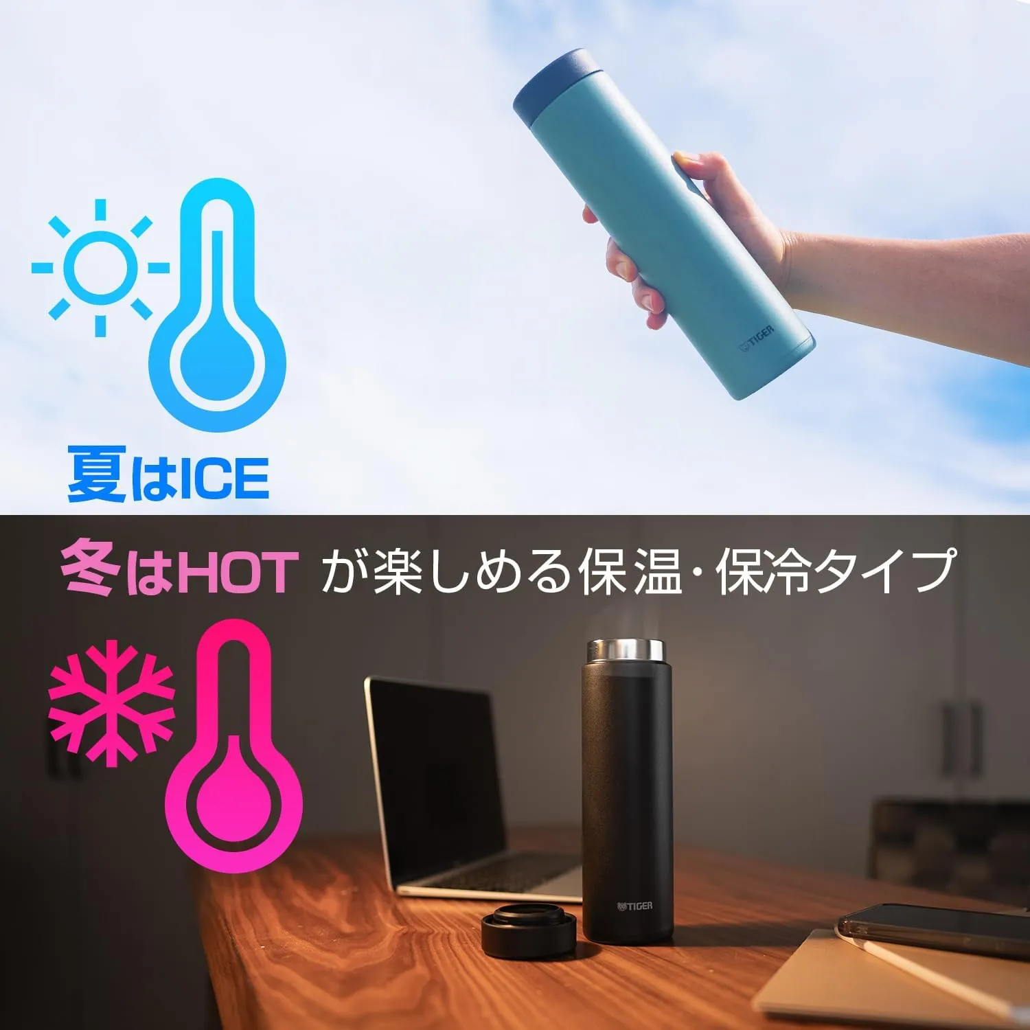 Tiger Thermos Flask MMZ-W060GW Dishwasher Safe, 20.3 fl oz (600 ml), White Water, Screw Stainless Steel Bottle, Lid and Seal are Integrated for Washing Only 2 Pieces, Easy Cap, Vacuum Insulated, Mug