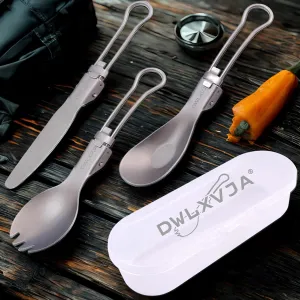 ‌Titanium Camping Fork Spoon Knife Combo with Case - Reusable & Portable Travel Utensils Set for Backpacking Hiking Lunch - Foldable Camping Cutlery 3-Piece with Storage Case, BPA-Free, Ultra-Light