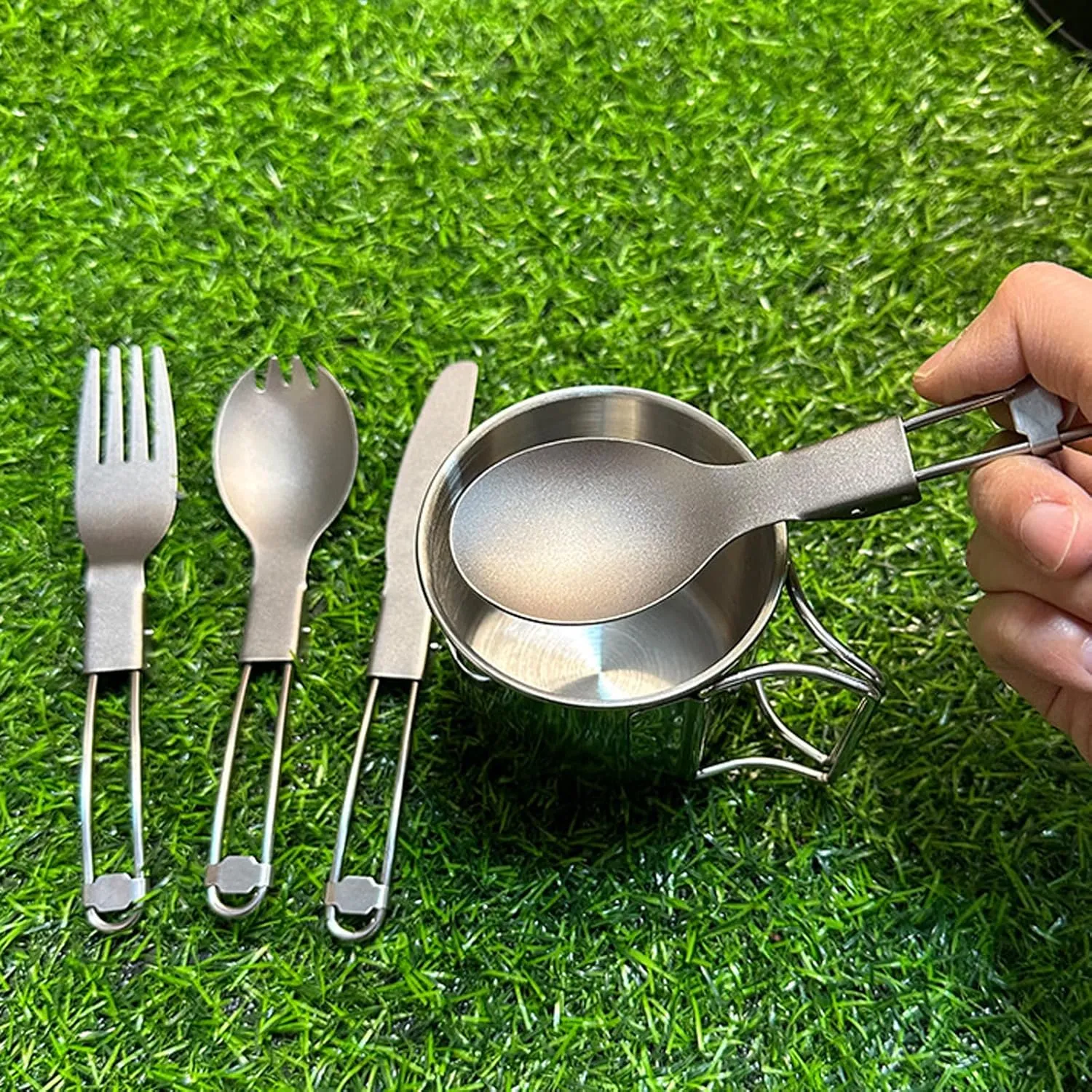Titanium Cutlery Camping Folding Spoon Spork Fork Knife Outdoor Portable Tableware Set Travel Lightweight Flatware (Spoon Fork Knife Set) RT001T