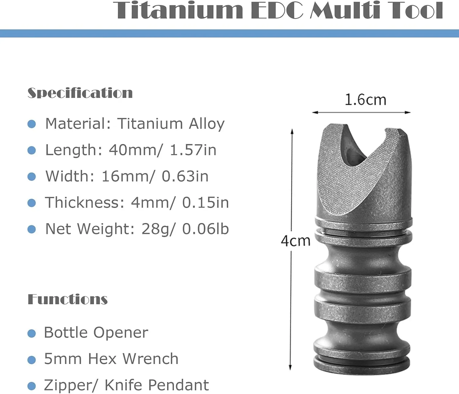 Titanium EDC Pry Bar Bottle Opener Multi Tool Knife Pendant with Hexagonal Wrench Function Lightweight