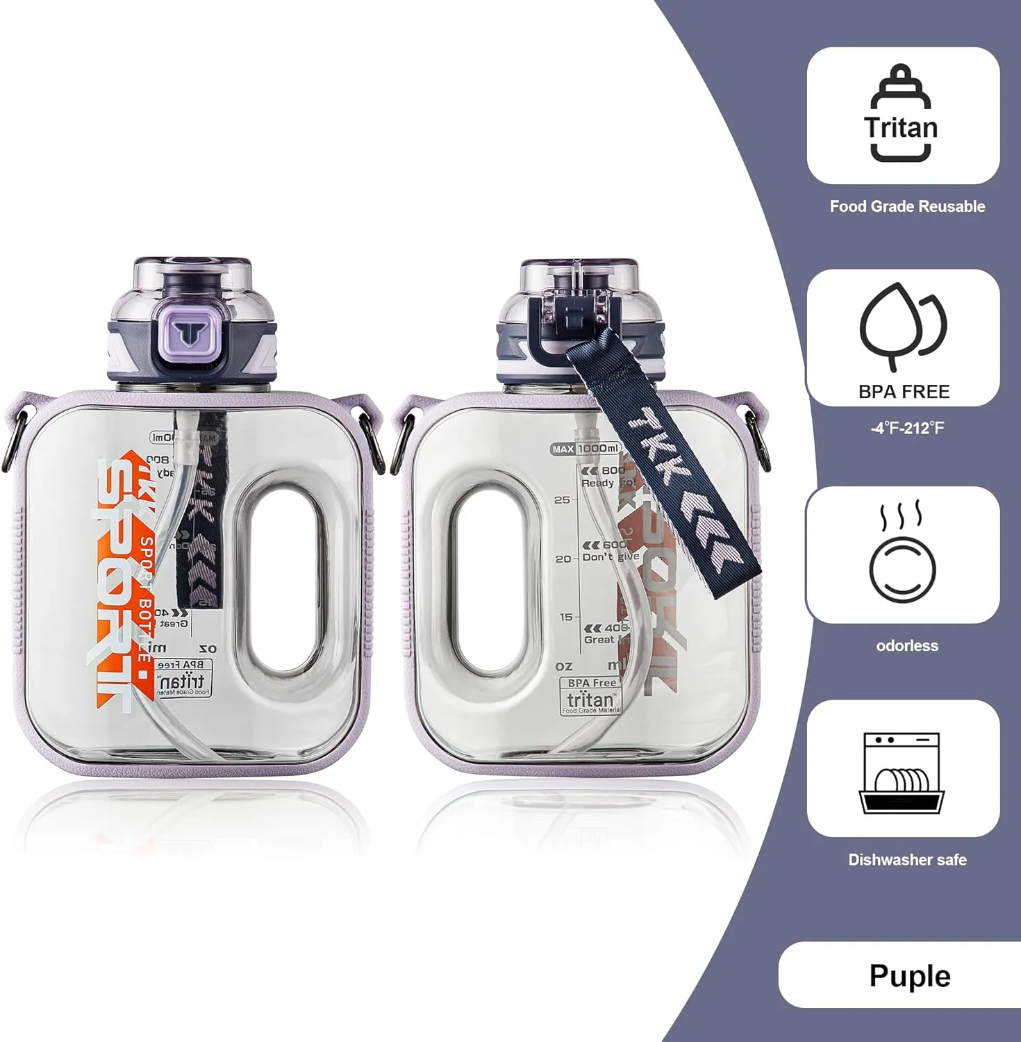 TKK 32oz Sport Water Jug with Straw - Large Capacity Plastic Water Bottle - Dishwasher Safe 1L - BPA Free Tritan for Gym, Yoga, Travel, Camping, Outdoor - Purple