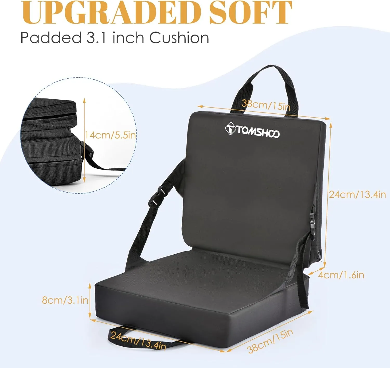 TOMSHOO Portable Stadium Seat Cushion with Backrest Waterproof Nylon Bleacher Cushion Ultralight Seat Padding with Back Support for Sports Fishing Kayaks Camping Concerts Outdoor Activities