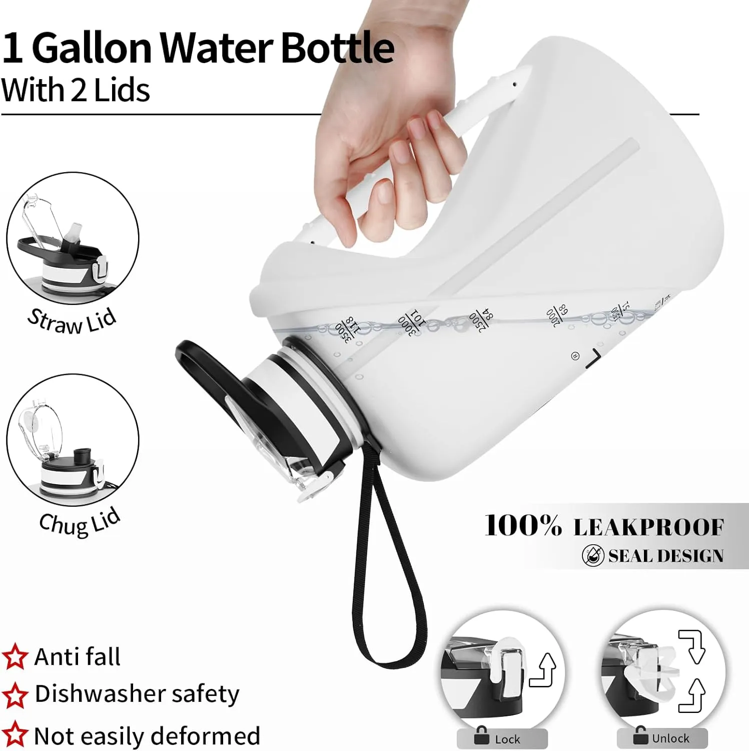 TOOFEEL 1 gallon water bottle - 128 oz water bottle with Straw & Chug Lid - BPA Free Big Water Bottle with Handle - Gym Water Bottle - White