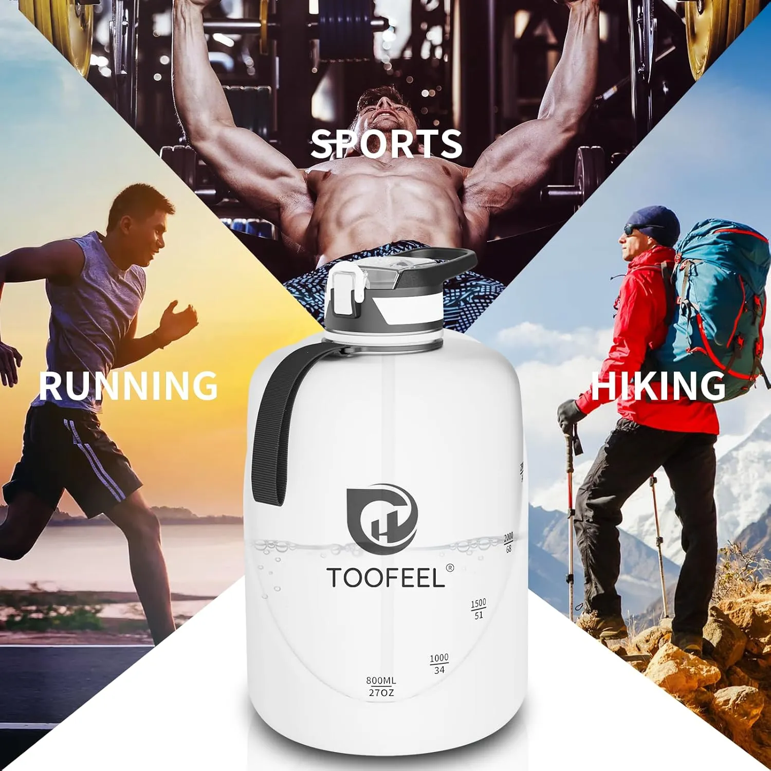 TOOFEEL 1 gallon water bottle - 128 oz water bottle with Straw & Chug Lid - BPA Free Big Water Bottle with Handle - Gym Water Bottle - White
