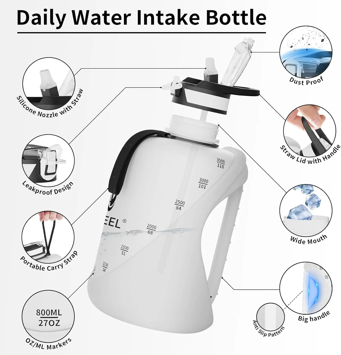 TOOFEEL 1 gallon water bottle - 128 oz water bottle with Straw & Chug Lid - BPA Free Big Water Bottle with Handle - Gym Water Bottle - White