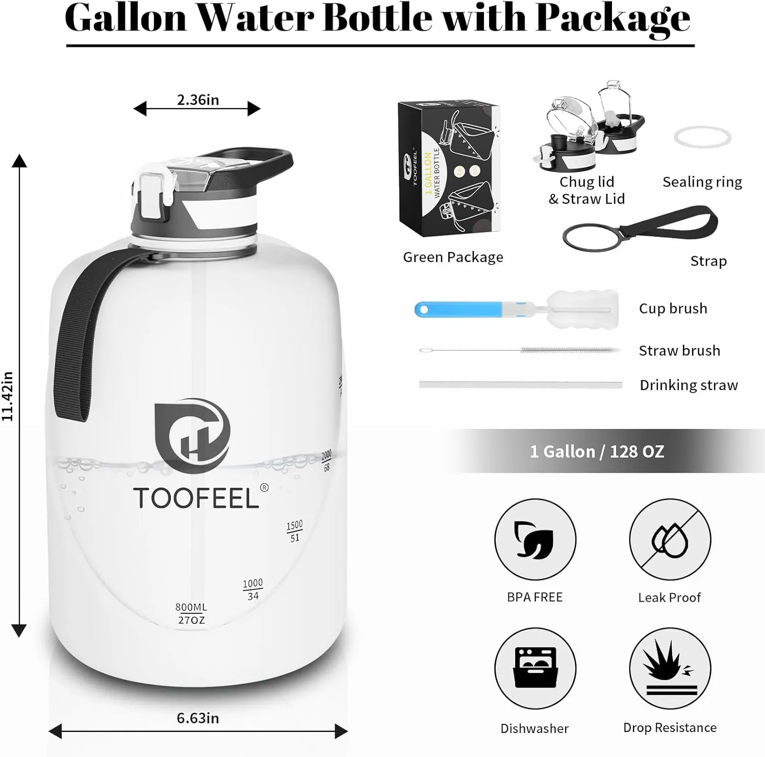 TOOFEEL 1 gallon water bottle - 128 oz water bottle with Straw & Chug Lid - BPA Free Big Water Bottle with Handle - Gym Water Bottle - White