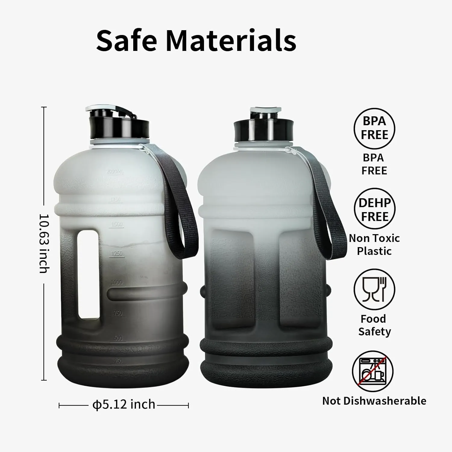 TOOFEEL 2 Liter Water Bottles - Half Gallon Water Bottle BPA Free - Ideal for Gym, Big Water Jug, Reusable Sports Bottle with Measurements Marked Drink Container - 2.2L 74oz White Black Water Jugs