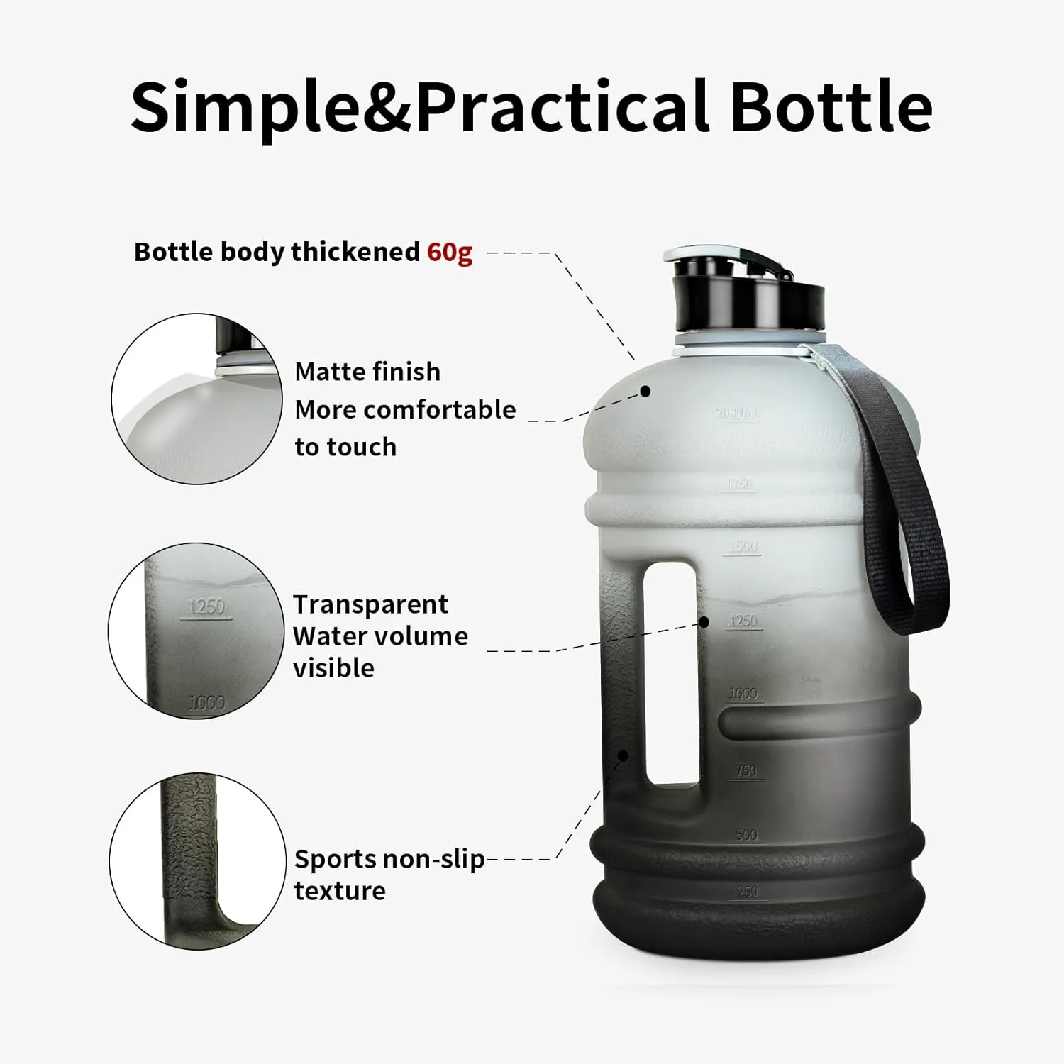 TOOFEEL 2 Liter Water Bottles - Half Gallon Water Bottle BPA Free - Ideal for Gym, Big Water Jug, Reusable Sports Bottle with Measurements Marked Drink Container - 2.2L 74oz White Black Water Jugs