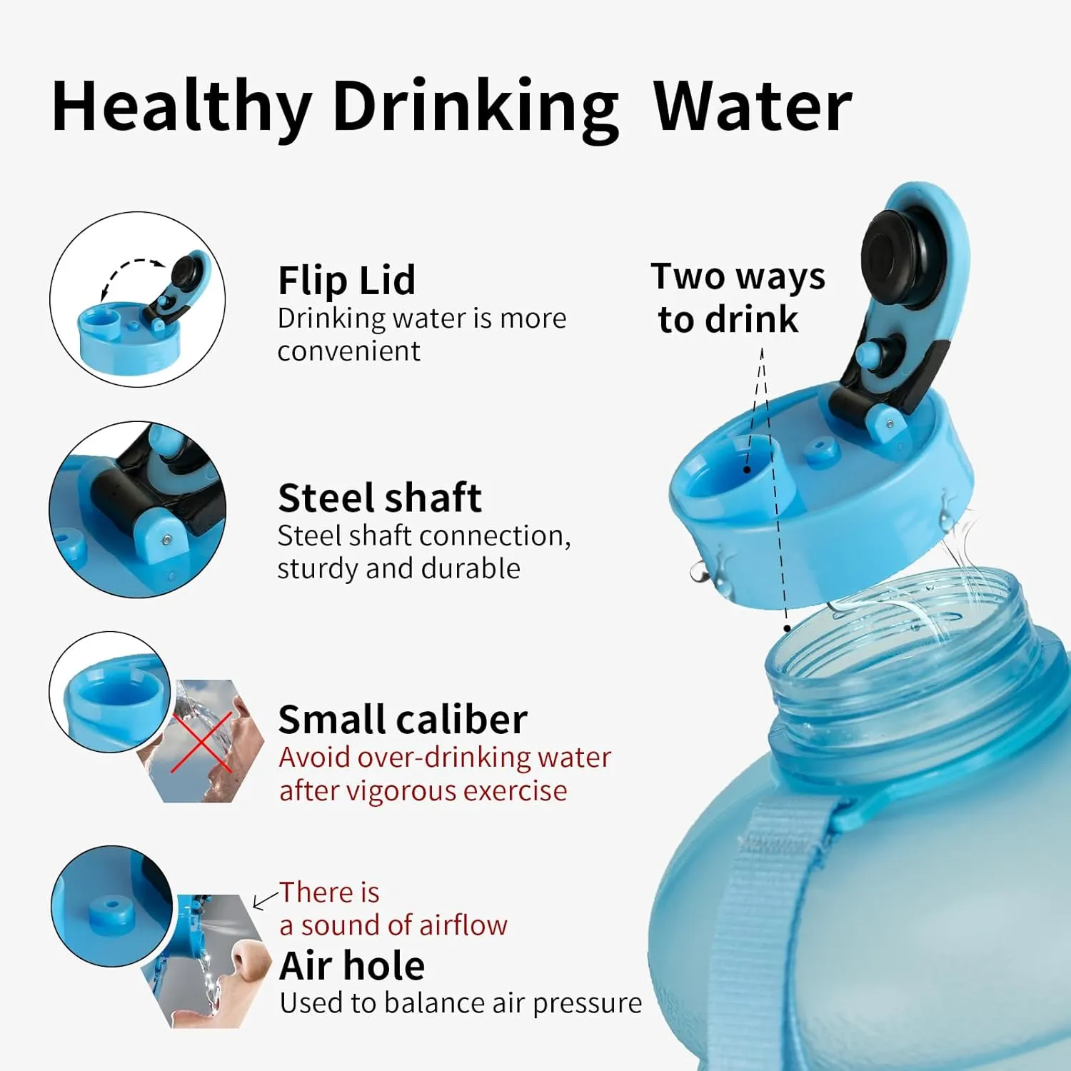 TOOFEEL 2.2 Liters Gym Big Sports Water Bottles for Men - Reusable BPA Free Plastic Clear Water Jug - Unique Water Bottles, Comfurtable to Touch and Easy to Clearn - Matte Light Blue Water Bottle