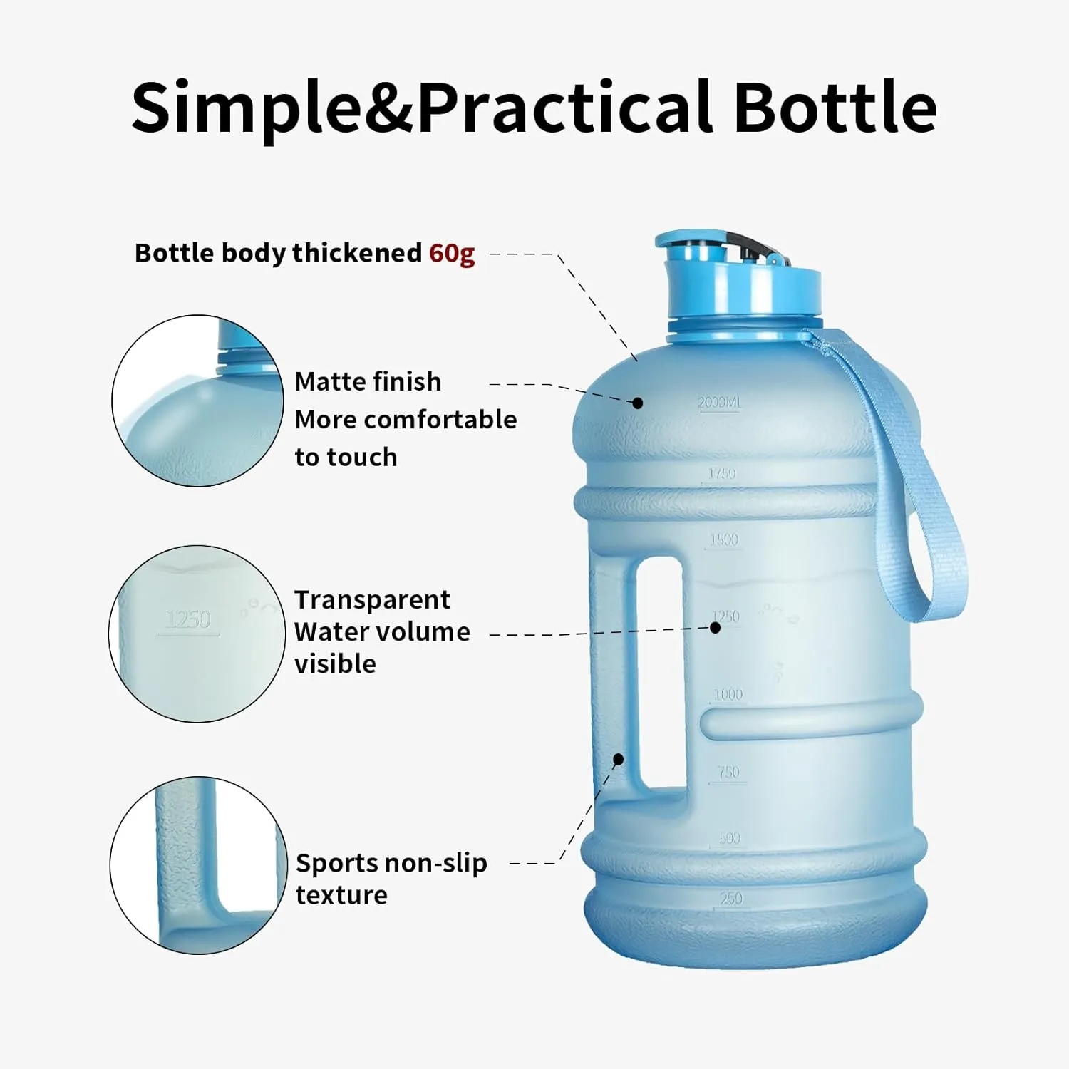 TOOFEEL 2.2 Liters Gym Big Sports Water Bottles for Men - Reusable BPA Free Plastic Clear Water Jug - Unique Water Bottles, Comfurtable to Touch and Easy to Clearn - Matte Light Blue Water Bottle
