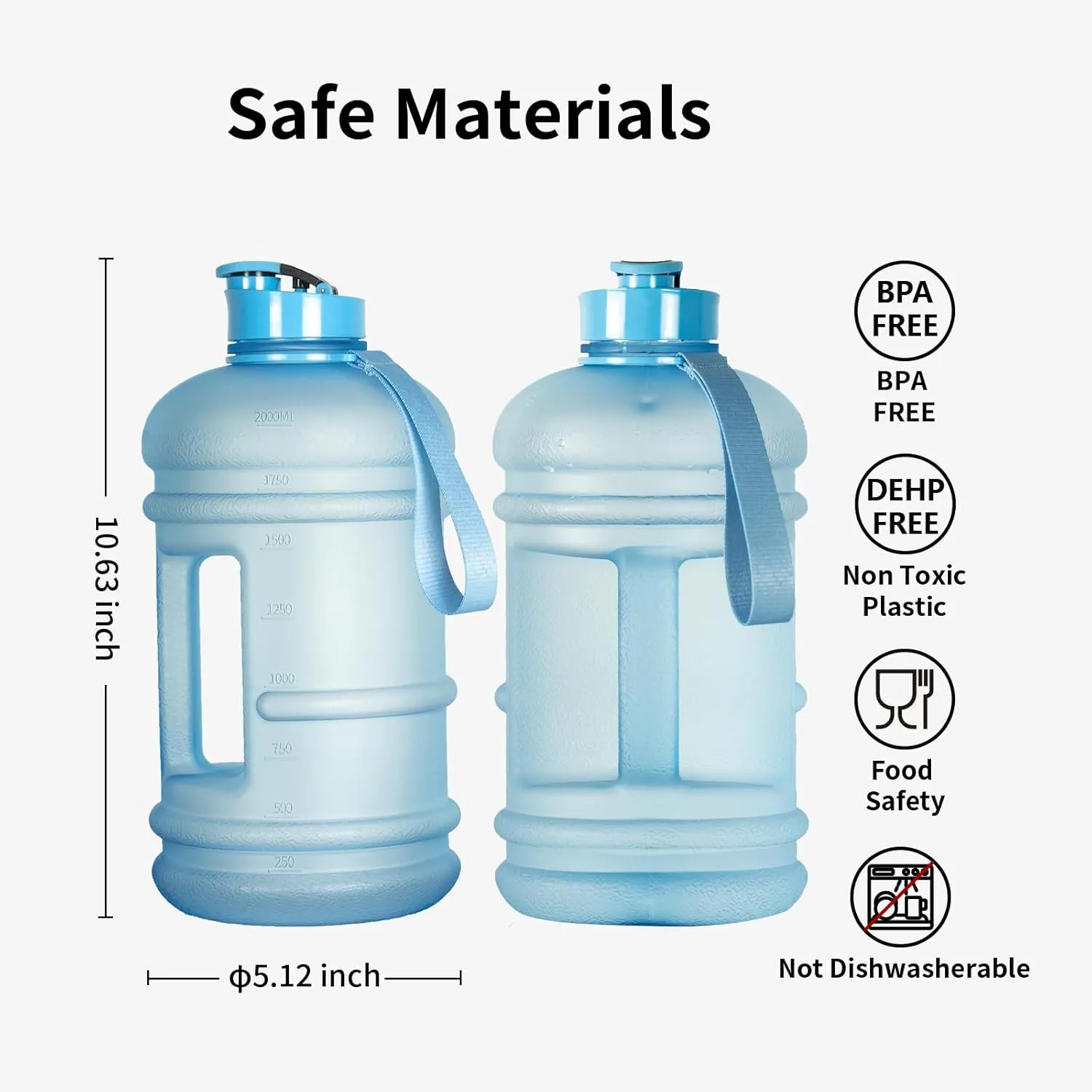 TOOFEEL 2.2 Liters Gym Big Sports Water Bottles for Men - Reusable BPA Free Plastic Clear Water Jug - Unique Water Bottles, Comfurtable to Touch and Easy to Clearn - Matte Light Blue Water Bottle