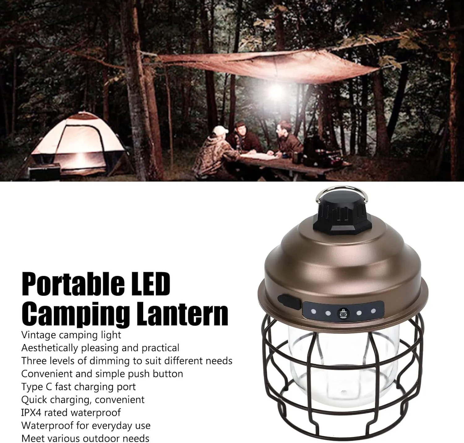 Topyond LED Camping Lantern, Retro Portable Rechargeable Light with Dimmable Function, IPX4 Watertight Camping Light for Home, Camping, and Outdoor Emergency Use (Copper Color)