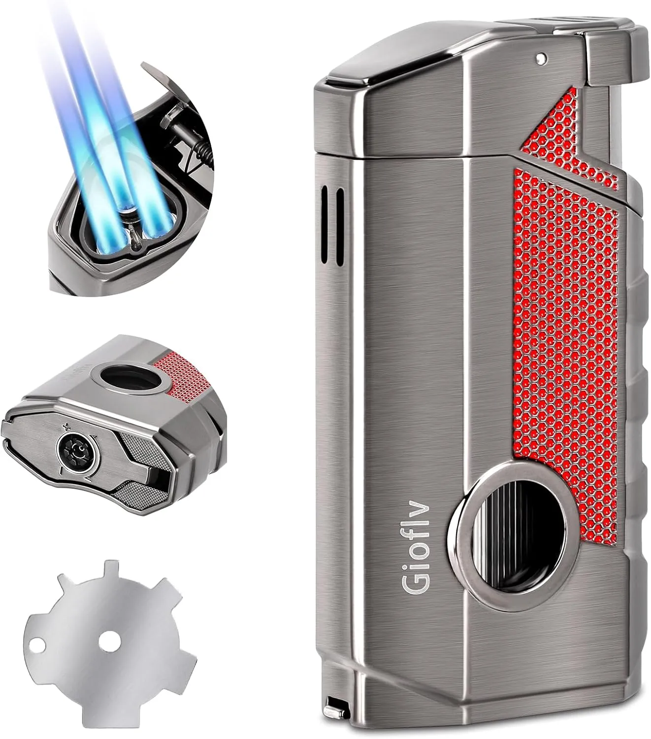 Torch Lighter, Butane Lighter, Windproof Triple Jet Flame Torch Lighter with Holder, Refillable and Adjustable Flame Butane Torch Lighter, Premium Gift for Men（Without Butane）