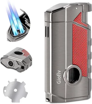 Torch Lighter, Butane Lighter, Windproof Triple Jet Flame Torch Lighter with Holder, Refillable and Adjustable Flame Butane Torch Lighter, Premium Gift for Men（Without Butane）