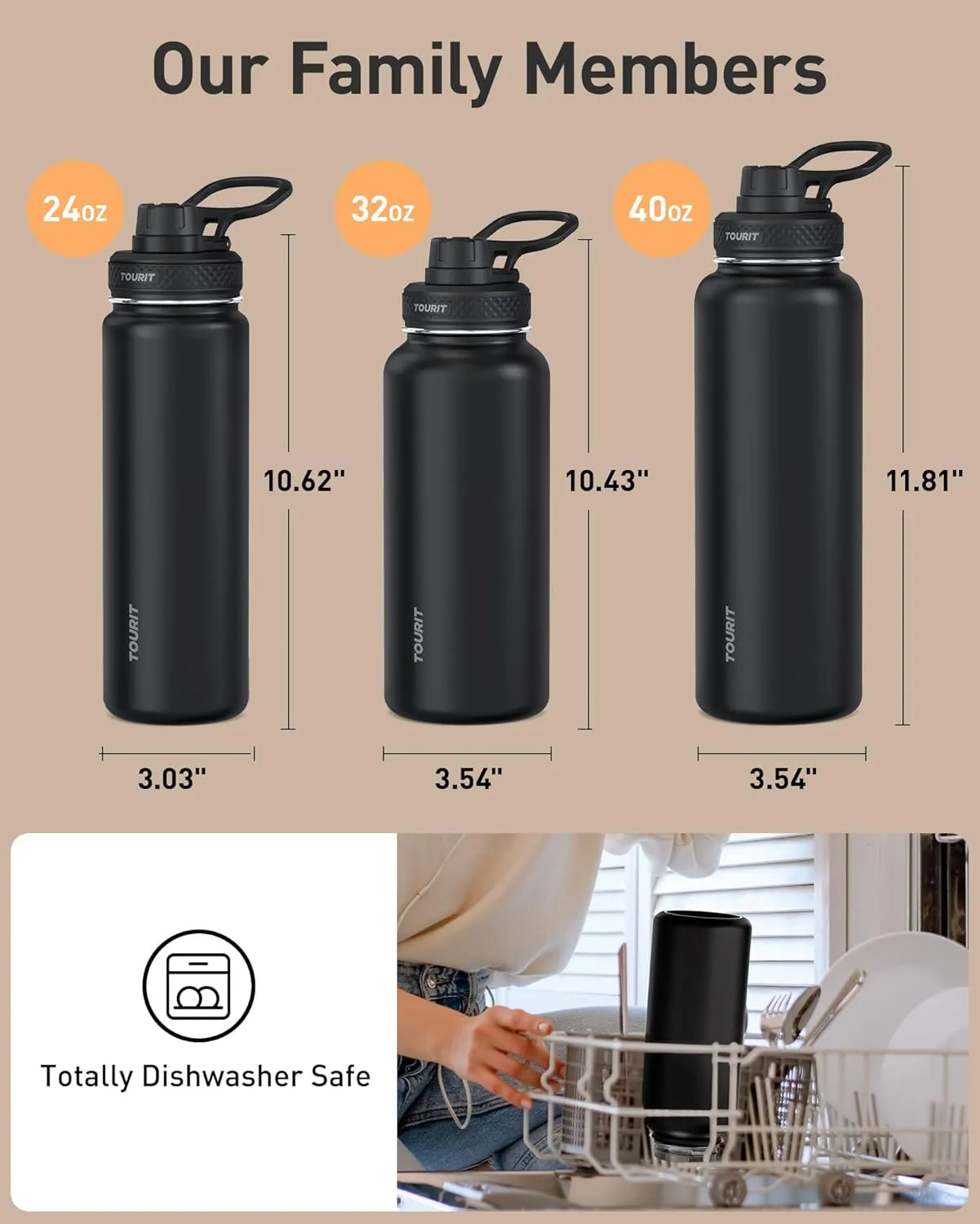 TOURIT 24 oz Insulated Water Bottle, Stainless Steel Water Bottles With Handle, Double-Wall Vacuum Sports Water Bottle, BPA Free Leakproof Thermos Bottle, Red Rose