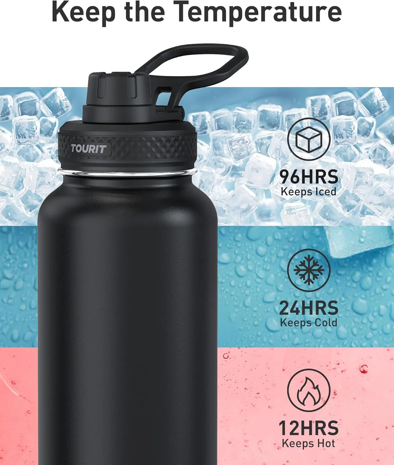 TOURIT 24 oz Insulated Water Bottle, Stainless Steel Water Bottles With Handle, Double-Wall Vacuum Sports Water Bottle, BPA Free Leakproof Thermos Bottle, Red Rose