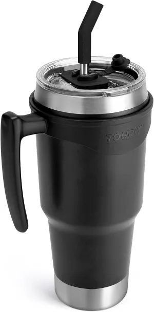 TOURIT 40 oz Tumbler with Handle and Straw, 3 in 1 Sip-All-Way Lid Insulated Tumblers, Reusable Stainless Steel Water Bottle for Keep Cold 34Hs or Hot 10Hs, Gifts for Women Men, Black
