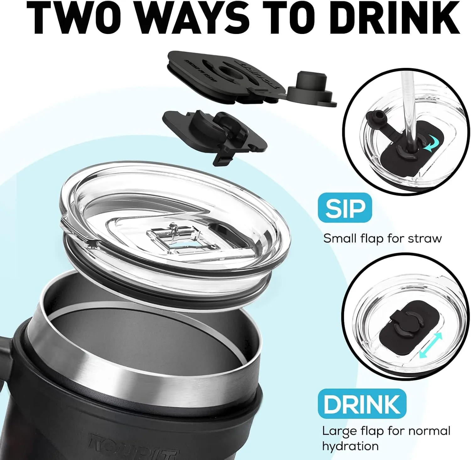 TOURIT 40 oz Tumbler with Handle and Straw, 3 in 1 Sip-All-Way Lid Insulated Tumblers, Reusable Stainless Steel Water Bottle for Keep Cold 34Hs or Hot 10Hs, Gifts for Women Men, Black